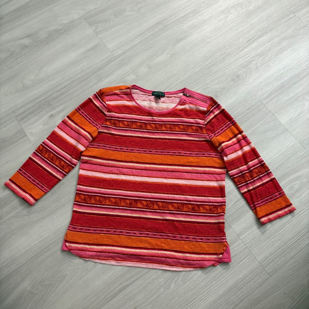 Lauren Ralph Lauren Top Women Pink Orange Striped Cotton Knit Zipper Shoulder XL - Picture 2 of 13